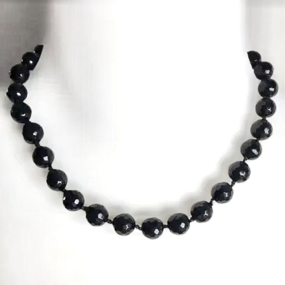 Vintage Faceted Black Glass Bead Necklace Barrel Clasp Costume Jewelry Retro